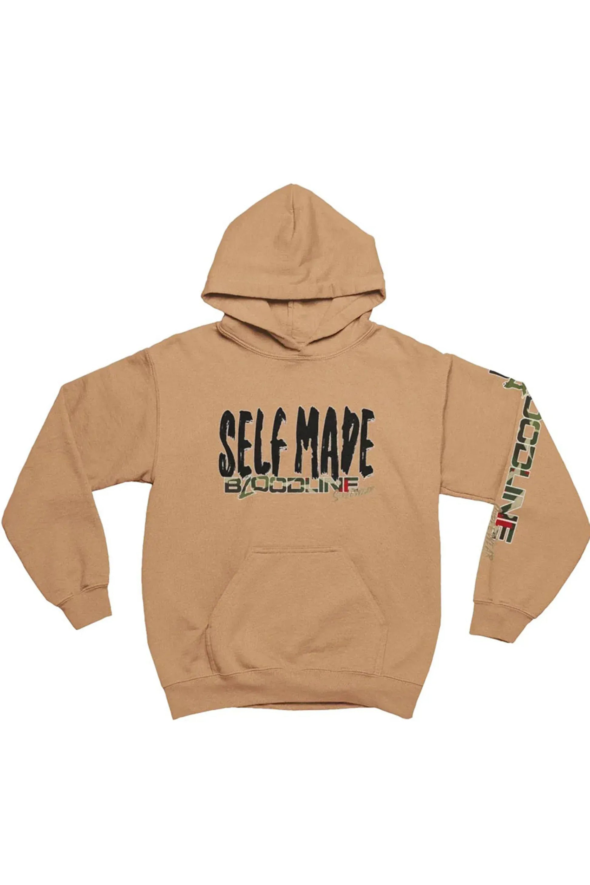 A tan pullover hoodie with 'SELF MADE' printed in black and camouflage on the chest.