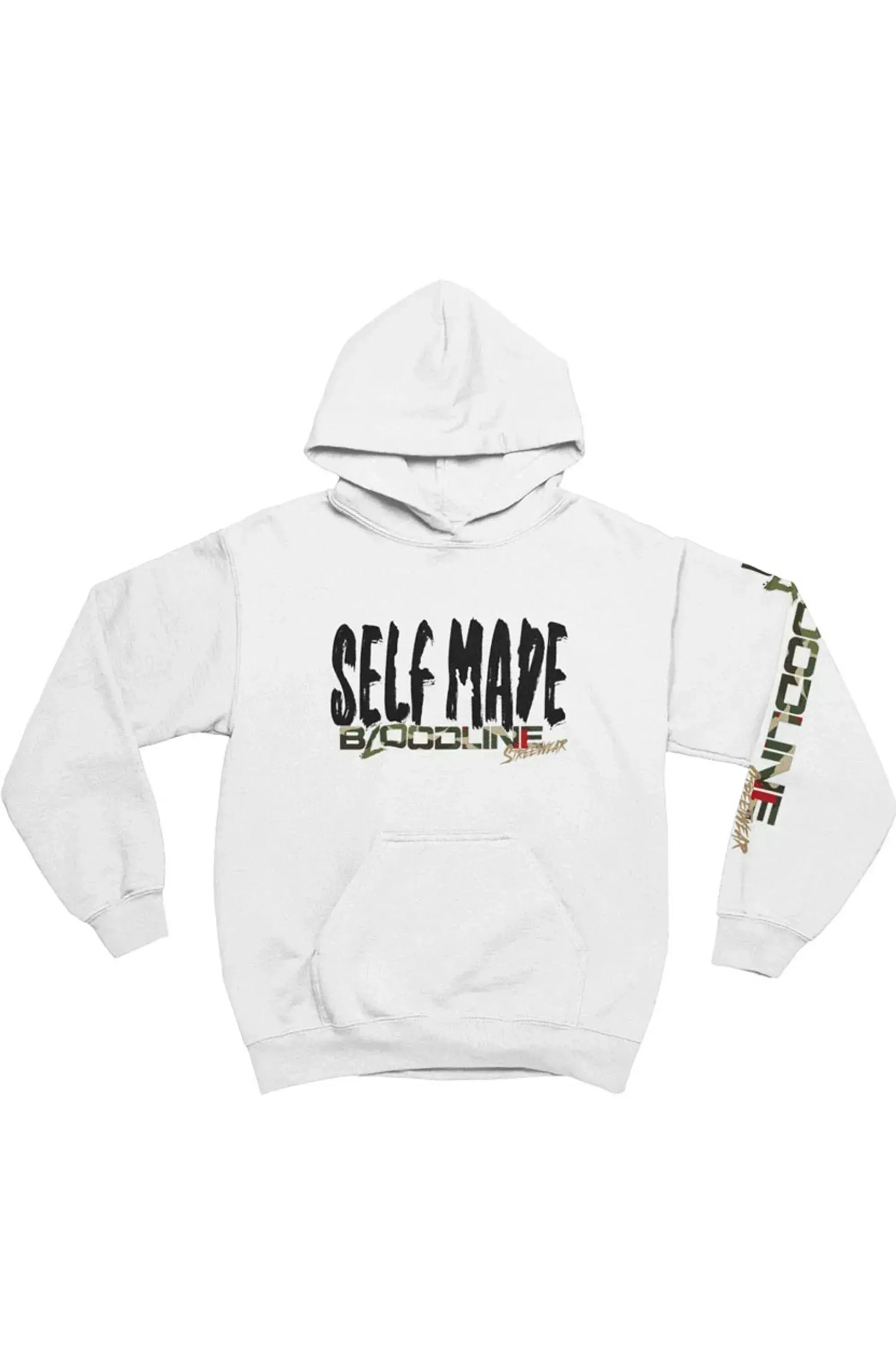 White hoodie with 'Self Made' text and colorful sleeve design on a white background