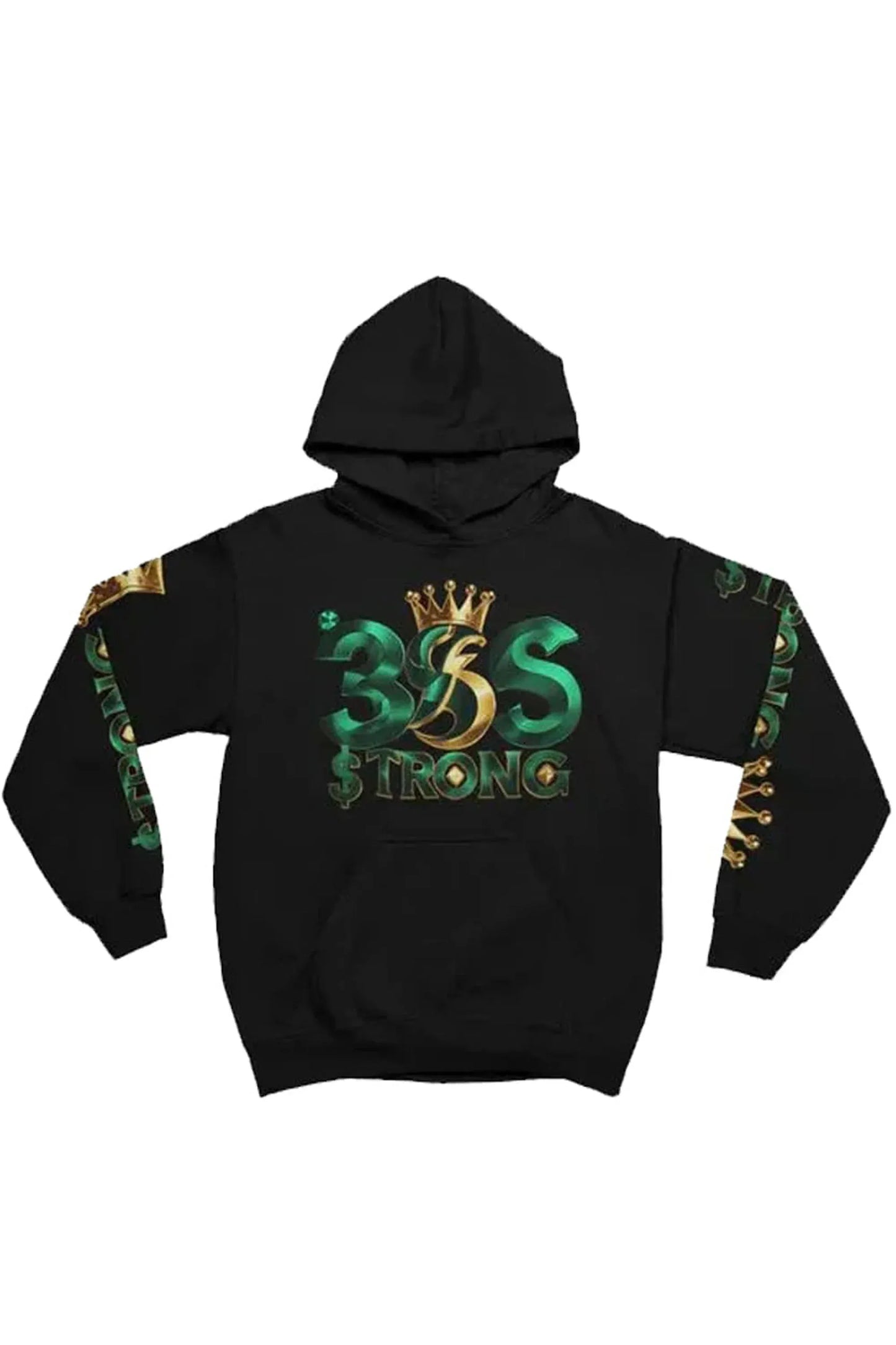 A black pullover hoodie featuring a large graphic on the front with the text '365 $TRONG' in green and gold, topped with a gold crown. The sleeves also feature green and gold graphic details.