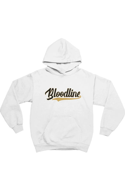 A white pullover hoodie with 'Bloodline' printed across the chest in a black script font with a gold underline accent, displayed on a solid white background.