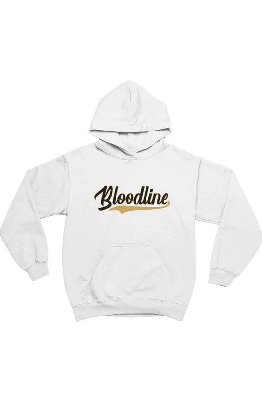 A white pullover hoodie with 'Bloodline' printed across the chest in a black script font with a gold underline accent, displayed on a solid white background.