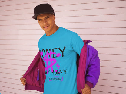 Person wearing a blue t-shirt with text and a purple jacket, standing against a light-colored wall.