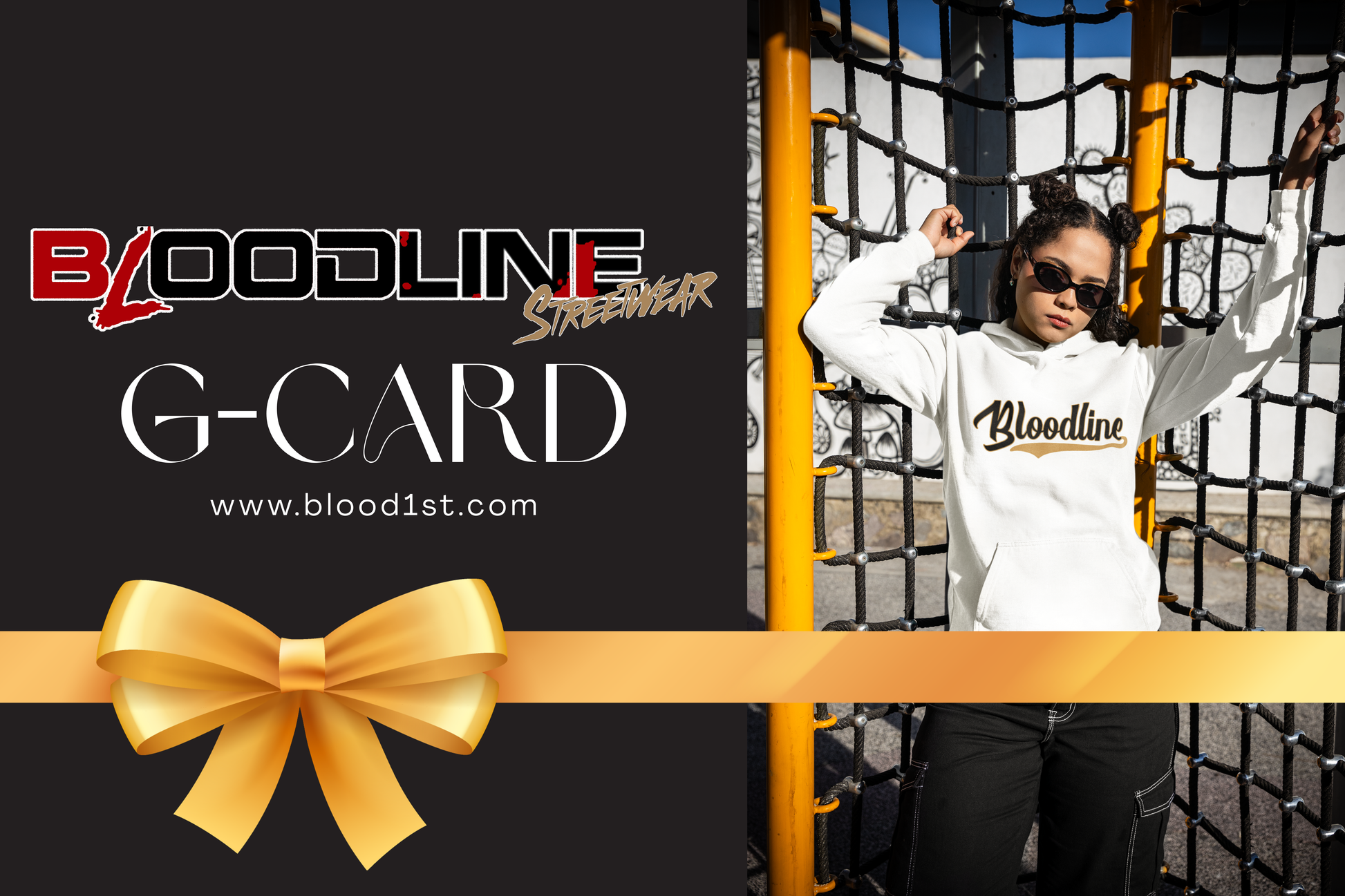 Person wearing a 'Bloodline' hoodie with a promotional graphic for a 'G-Card' on a black background.