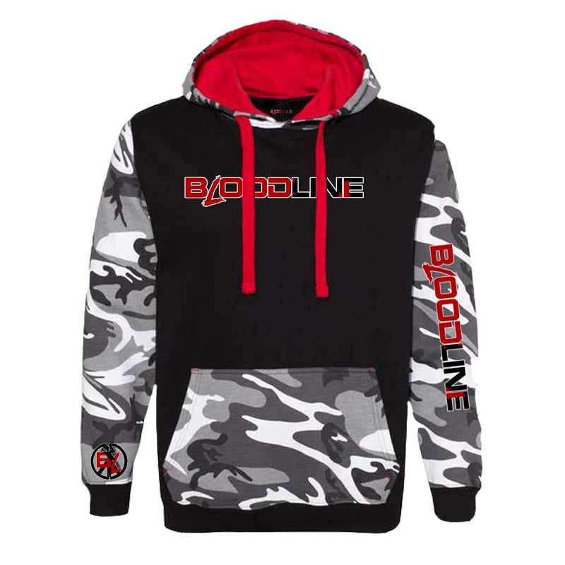Hoodie with red hood and camouflage sleeves and body, featuring 'BLOODLINE' branding.