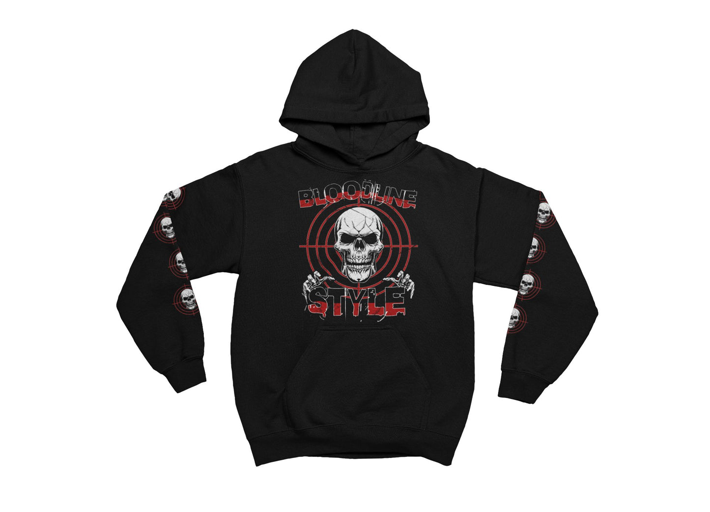 Black hoodie with skull and crossbones design on a white background