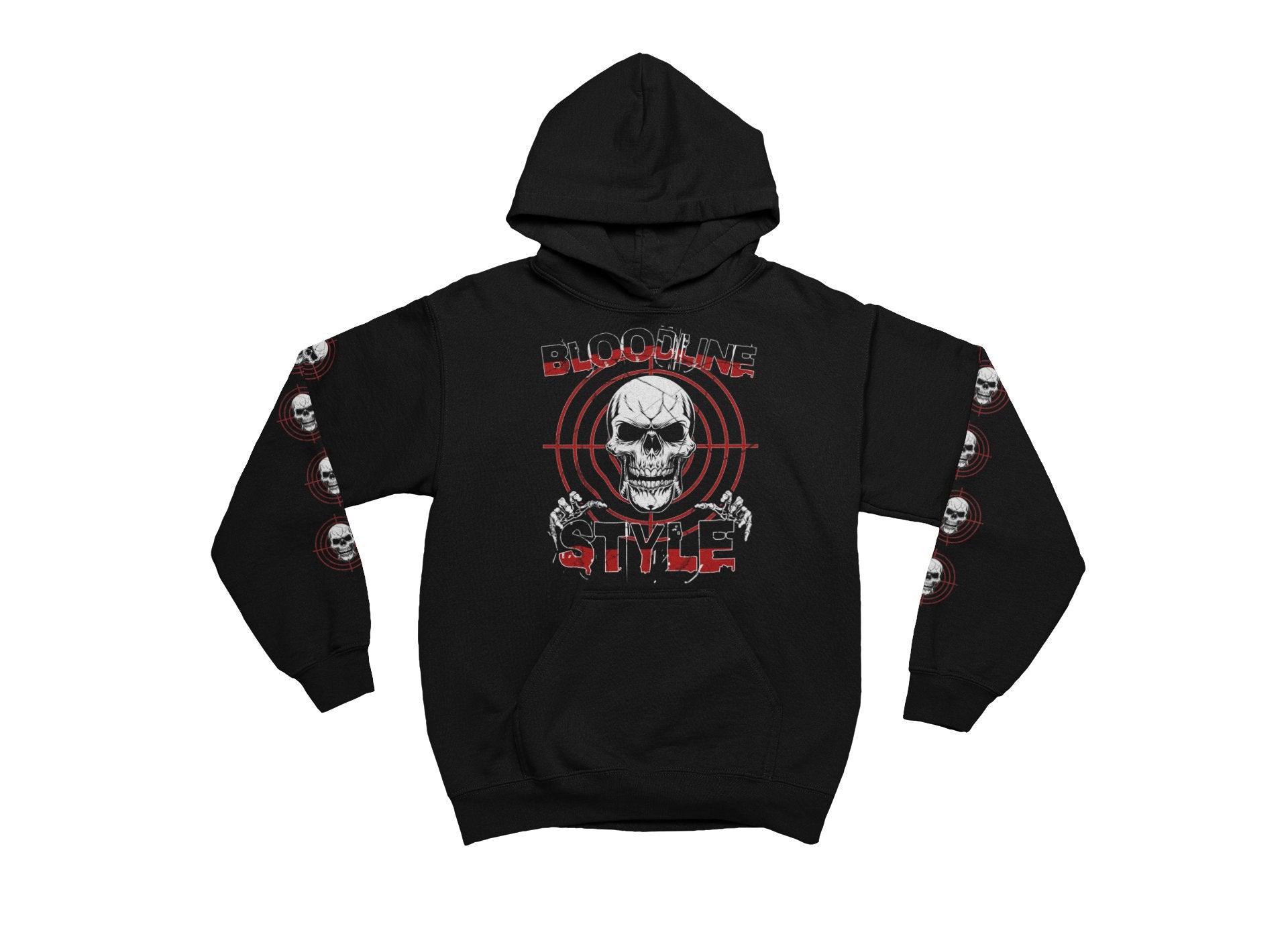 Black hoodie with skull and crossbones design on a white background