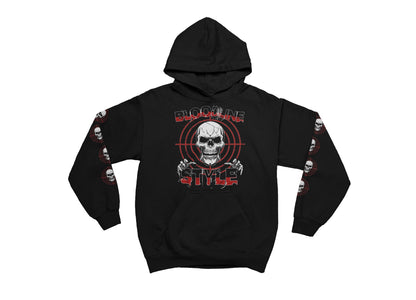 Black hoodie with skull and crossbones design on a white background