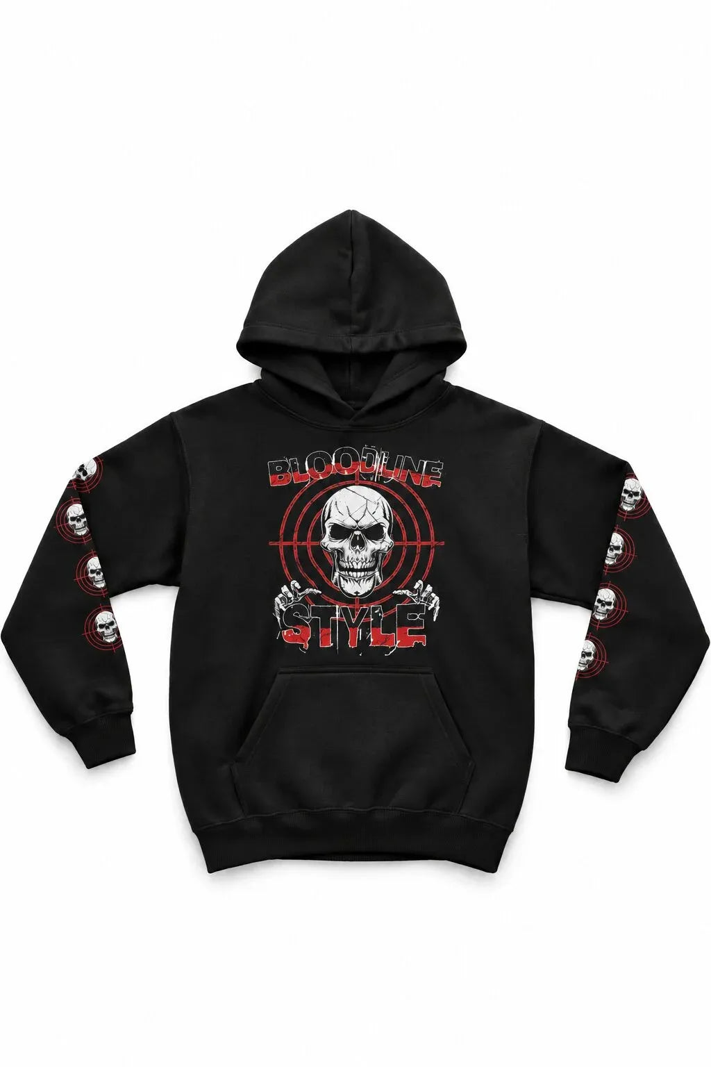 A black pullover hoodie featuring a large graphic on the front with a skull, red target lines, and the text 'BLOODLINE STYLE'. The sleeves also feature a repeating graphic print of the skull design.