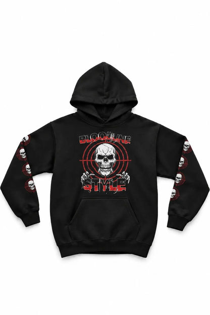 A black pullover hoodie featuring a large graphic on the front with a skull, red target lines, and the text 'BLOODLINE STYLE'. The sleeves also feature a repeating graphic print of the skull design.
