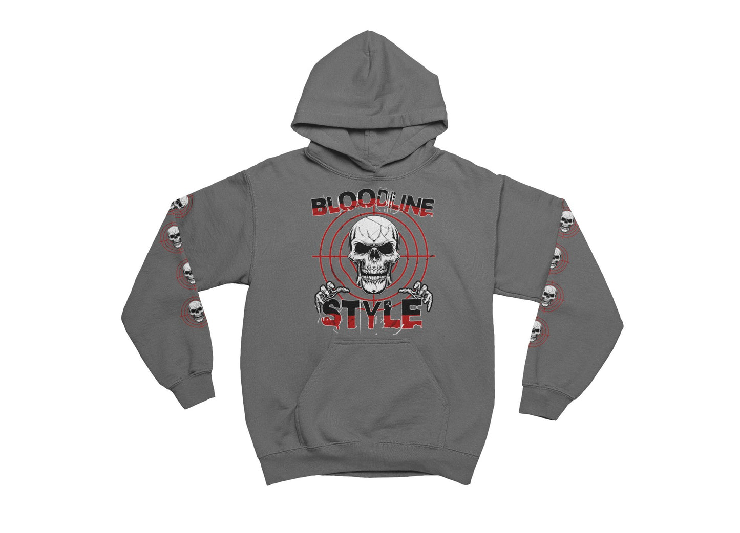 charcoal hoodie with skull design and 'Bloodline Style' text on a white background