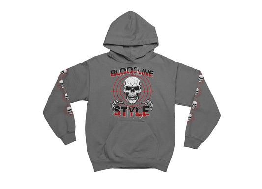 charcoal hoodie with skull design and 'Bloodline Style' text on a white background