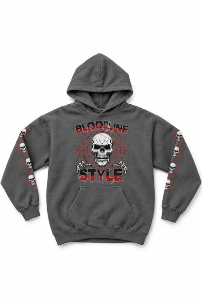 A grey pullover hoodie featuring a graphic print on the front with a skull, red target crosshair, and the words 'BLOODLINE STYLE' in red and black. The sleeves also feature a repeating circular skull graphic.