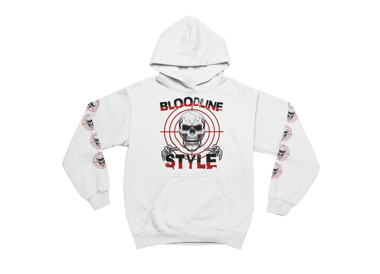 White hoodie with skull and crossbones design on a white background