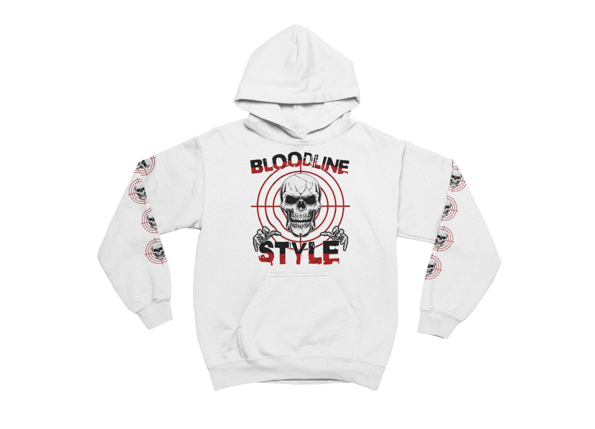 White hoodie with skull and crossbones design on a white background