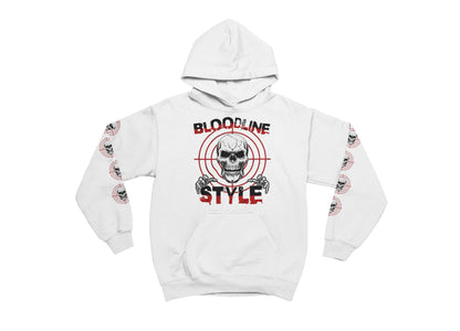 White hoodie with skull and crossbones design on a white background