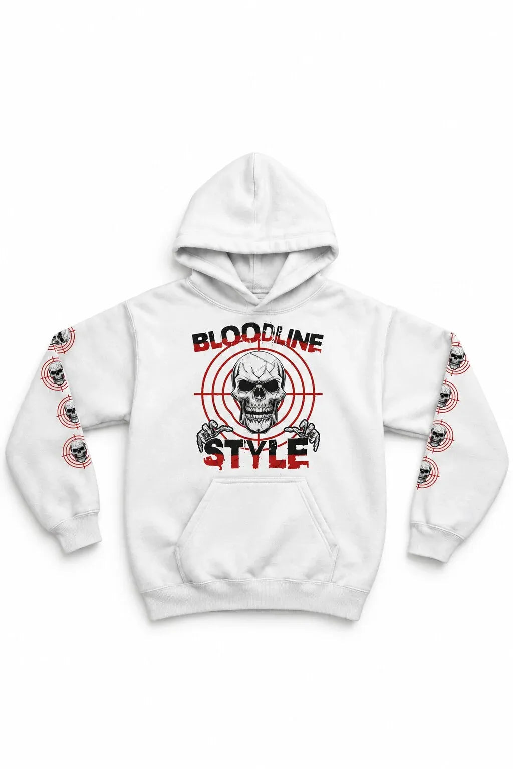 A white pullover hoodie featuring a graphic print on the front with a skull, red target crosshair, and the words 'BLOODLINE STYLE' in red and black. The sleeves also feature a repeating circular skull graphic.