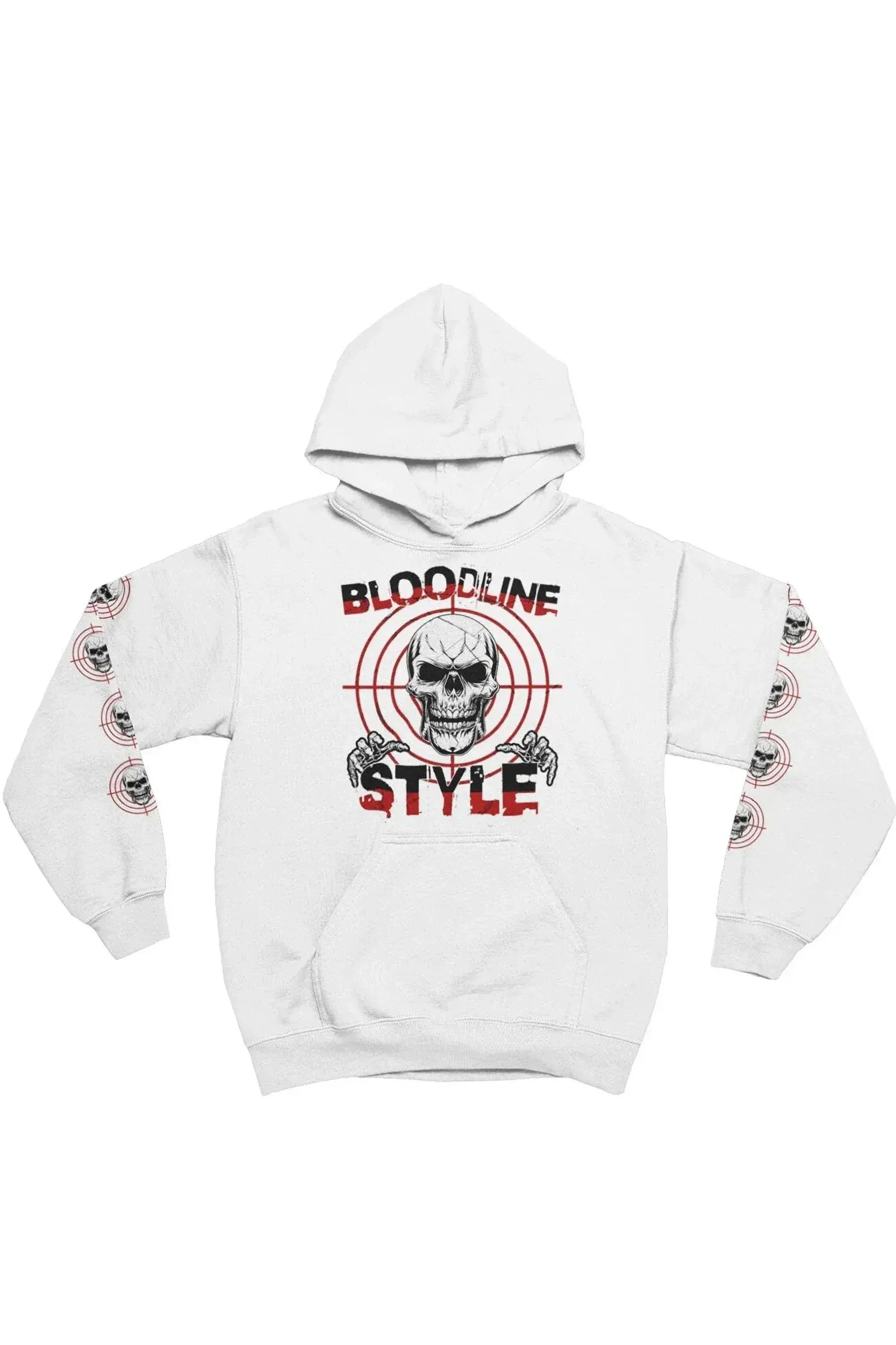 A white pullover hoodie featuring a graphic print on the front with a skull, red target crosshair, and the words 'BLOODLINE STYLE' in red and black. The sleeves also feature a repeating circular skull graphic.