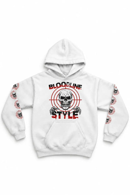 A white pullover hoodie featuring a graphic print on the front with a skull, red target crosshair, and the words 'BLOODLINE STYLE' in red and black. The sleeves also feature a repeating circular skull graphic.