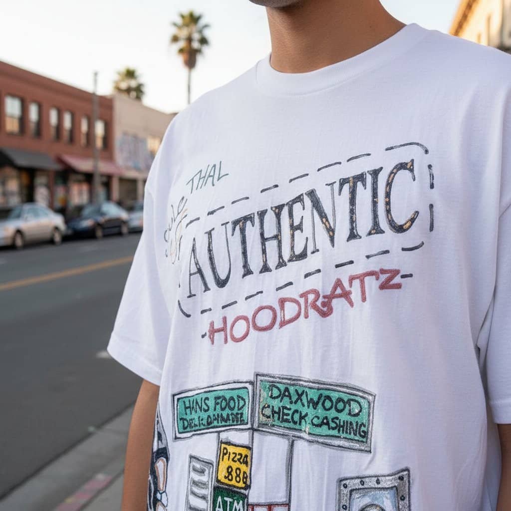 Person wearing a white t-shirt with graphic designs and text on a street background