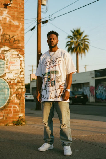 Man standing on a street with graffiti and palm trees in the background