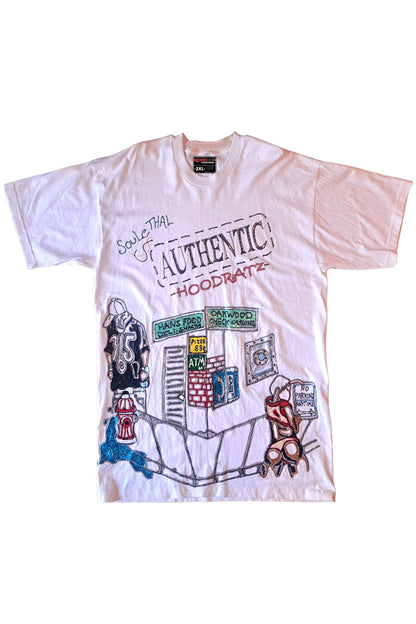 Authentic Hoodratz SouLethal Hand-Painted Tee — original hand-painted graphic on white streetwear tee by Bloodline Streetwear
