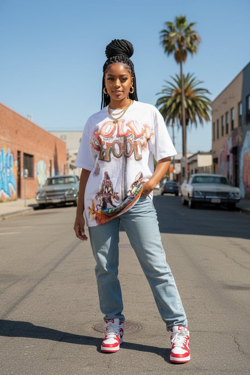Person wearing a colorful graphic t-shirt and light blue jeans standing on a street with palm trees and buildings in the background.