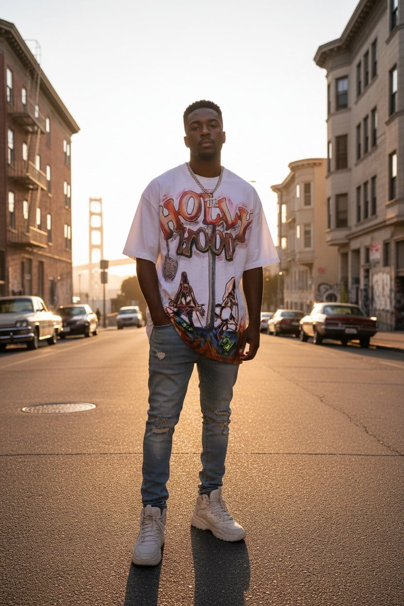 Person wearing a graphic t-shirt and jeans standing on a city street.