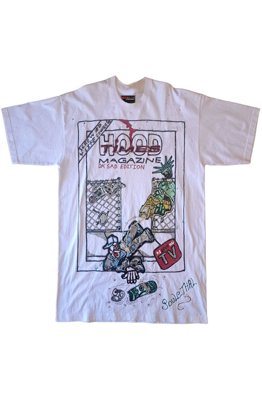 White t-shirt with graphic design and text on a white background