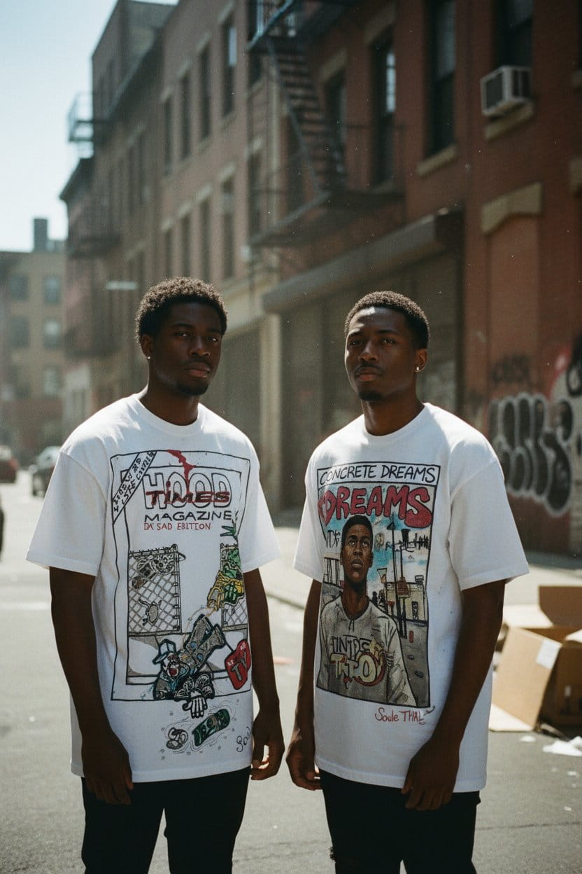 Two men wearing graphic t-shirts on a street with urban buildings in the background