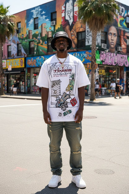 Man wearing a graphic t-shirt and jeans standing on a street with colorful murals in the background.
