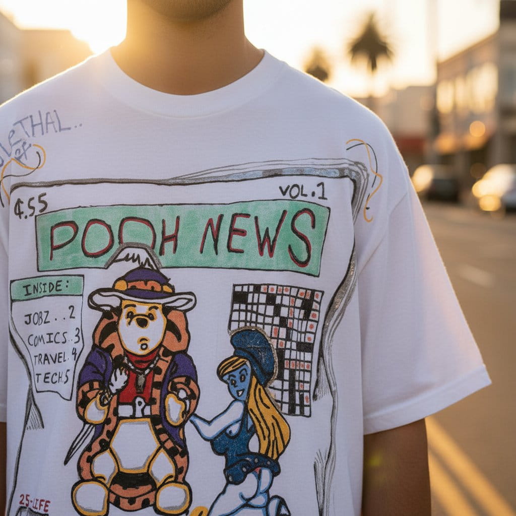 Close-up detail of Pooh News SouLethal Hand-Painted Tee by Bloodline Streetwear — original hand-painted art