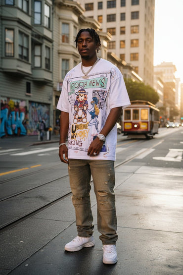 Male model wearing Pooh News SouLethal Hand-Painted Tee by Bloodline Streetwear with vintage trolley in background