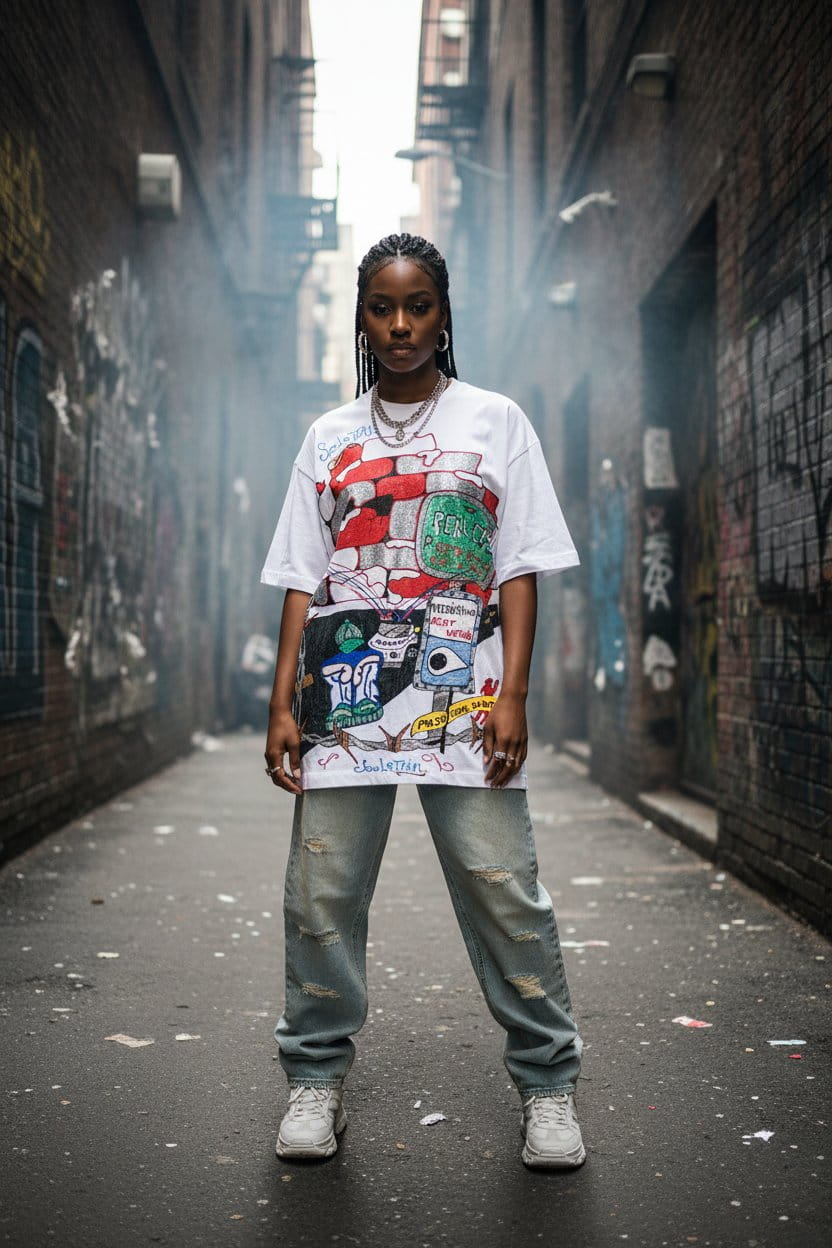 Person wearing a colorful graphic t-shirt in an urban alleyway