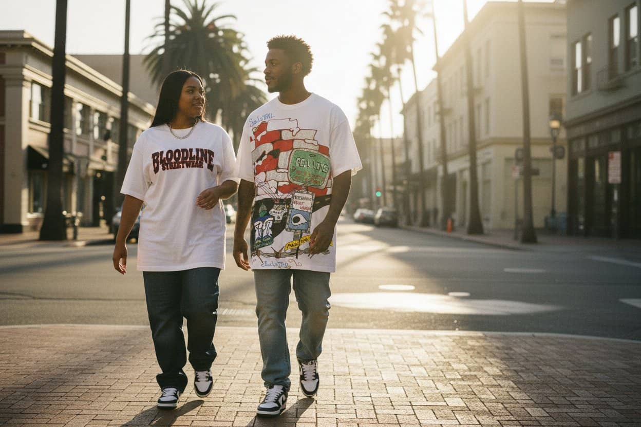 Two people walking on a street with palm trees and buildings in the background.