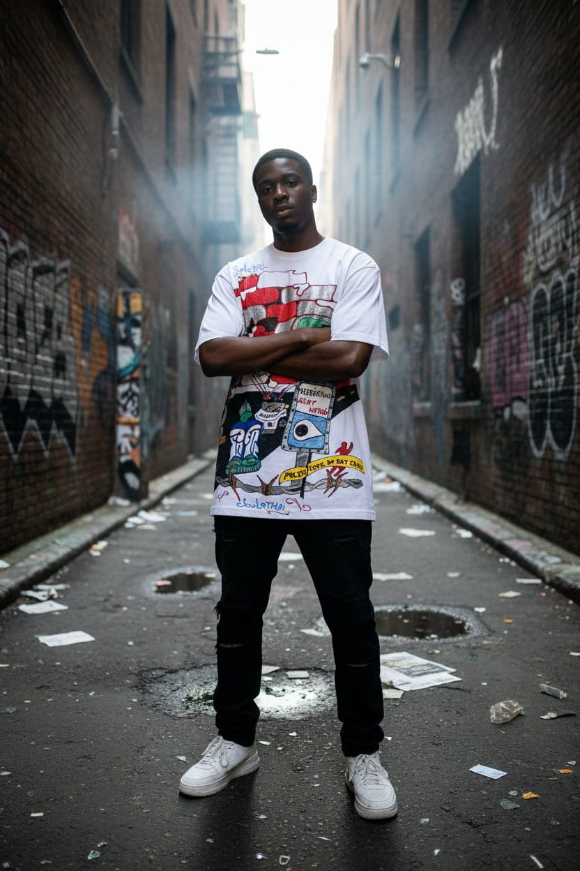 Man wearing a graphic t-shirt standing in an alley with graffiti on walls.
