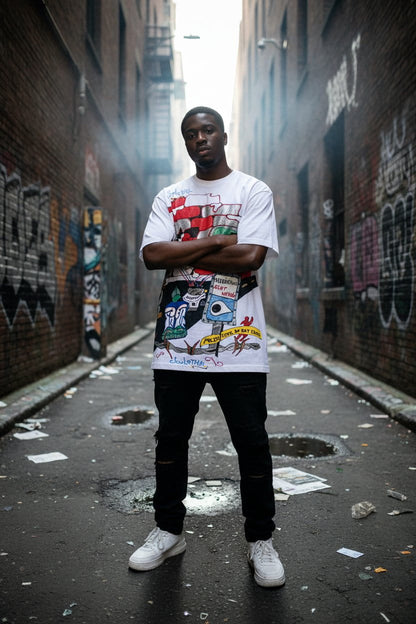 Man wearing a graphic t-shirt standing in an alley with graffiti on walls.