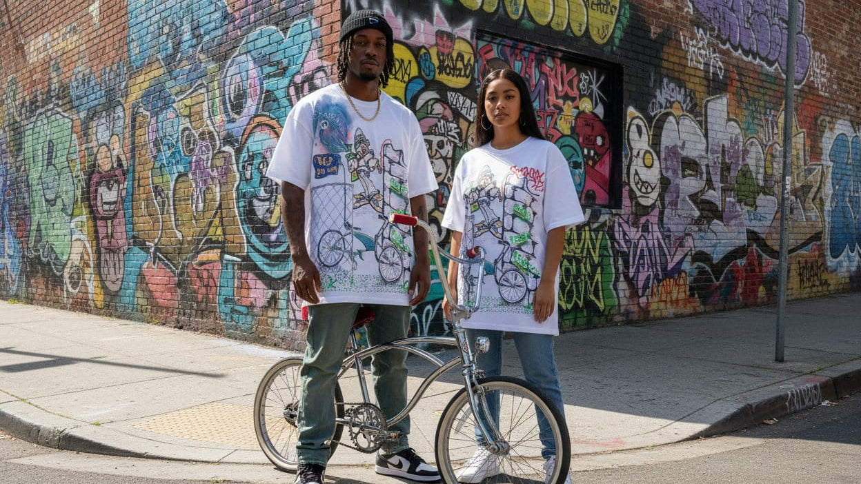 Two people standing with a bicycle against a graffiti-covered wall.