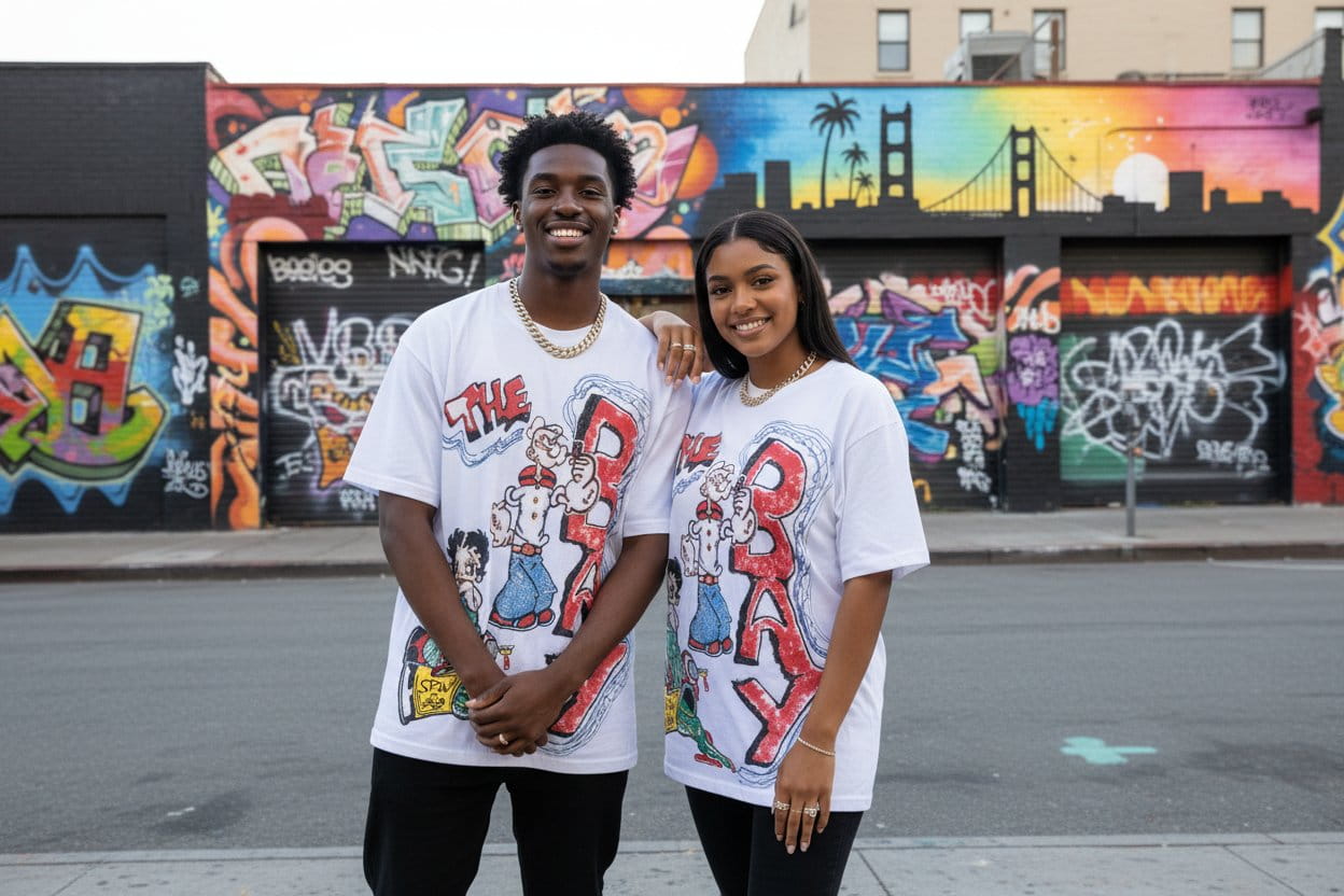 Couple wearing The Bay SouLethal Hand-Painted Tee by Bloodline Streetwear in front of a colorful mural