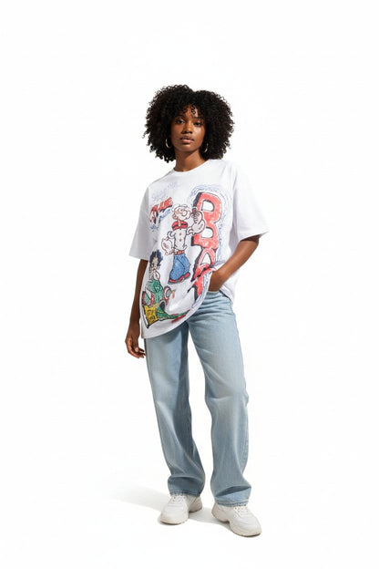 Female model full body shot wearing The Bay SouLethal Hand-Painted Tee by Bloodline Streetwear