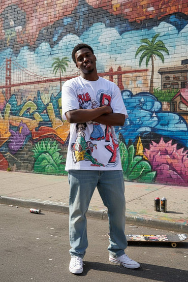 Male model wearing The Bay SouLethal Hand-Painted Tee by Bloodline Streetwear in front of a colorful mural with skateboard