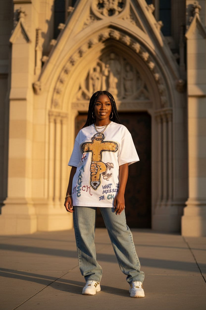 Person wearing a white t-shirt with a graphic design in front of a gothic architectural building.