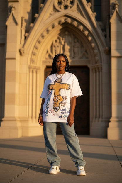 Person wearing a white t-shirt with a graphic design in front of a gothic architectural building.
