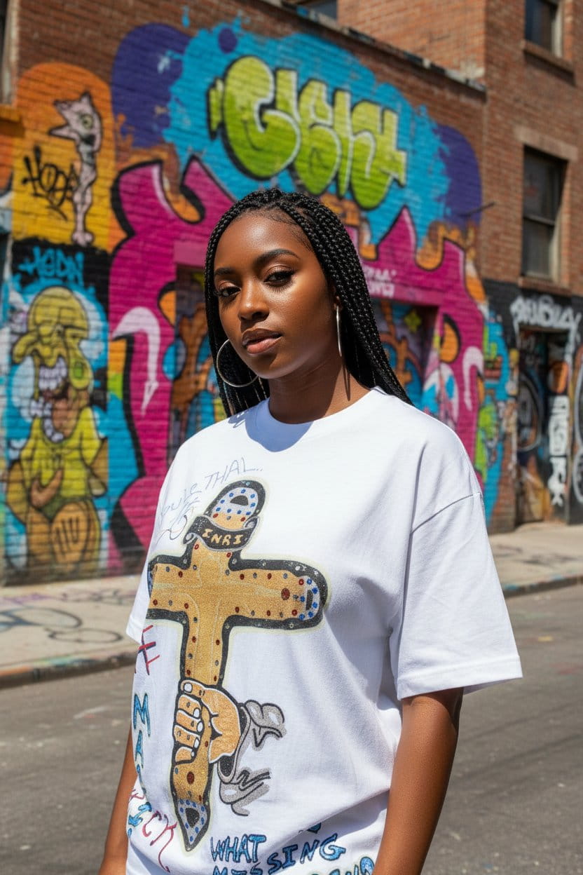 Woman wearing a white t-shirt with a graphic design in an urban setting with graffiti.