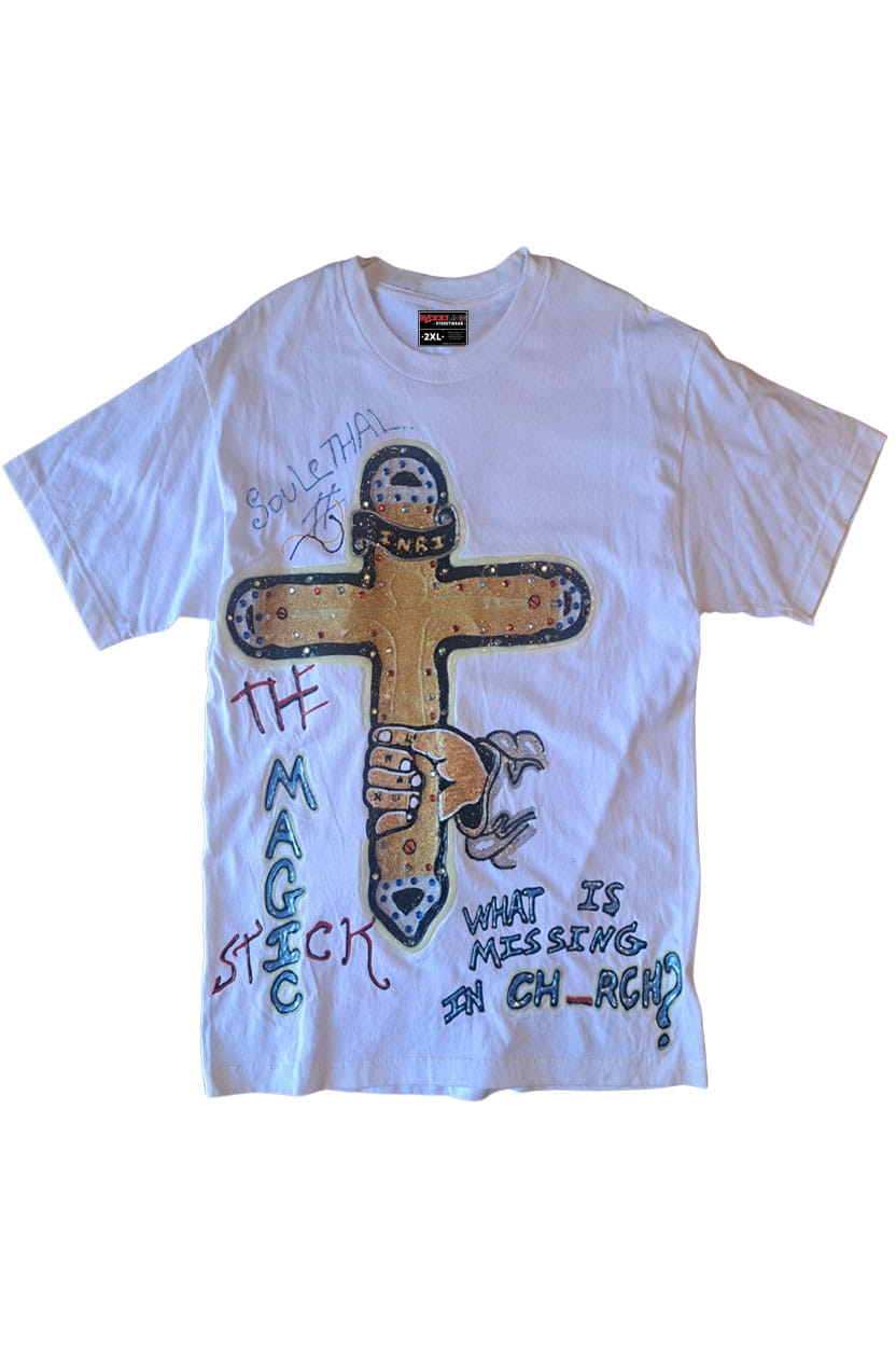 The Magic Stick SouLethal Hand-Painted Tee — original hand-painted graphic on white streetwear tee by Bloodline Streetwear
