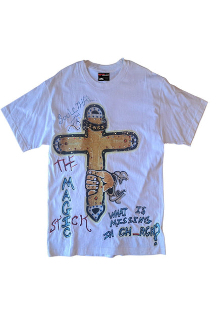 The Magic Stick SouLethal Hand-Painted Tee — original hand-painted graphic on white streetwear tee by Bloodline Streetwear
