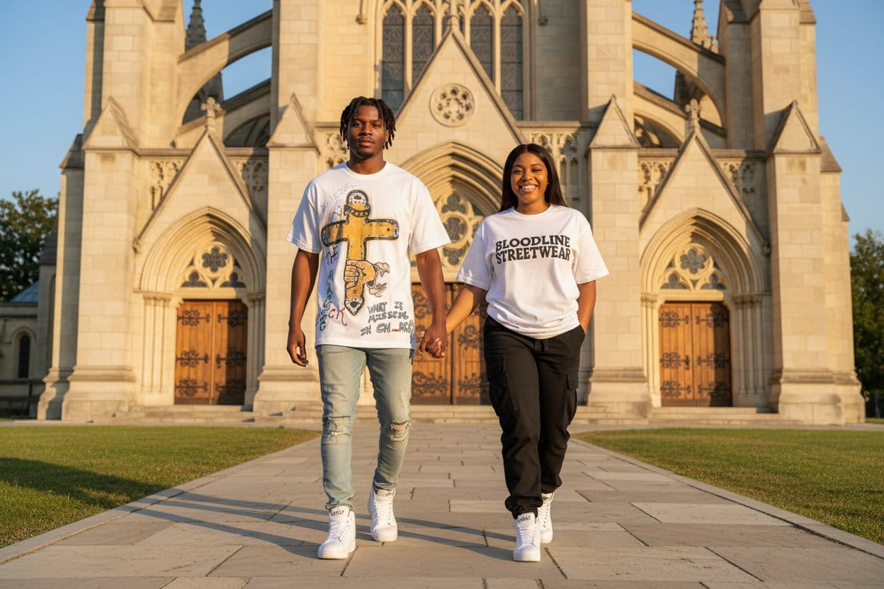 Two people walking hand in hand in front of a large stone building with architectural details.