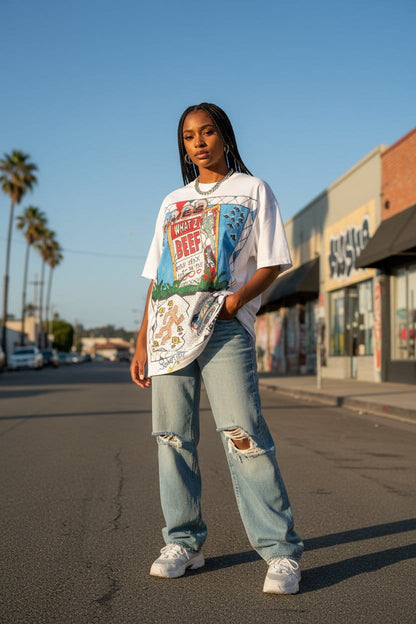 Female model wearing What'z Beef SouLethal Hand-Painted Tee by Bloodline Streetwear on a palm tree street