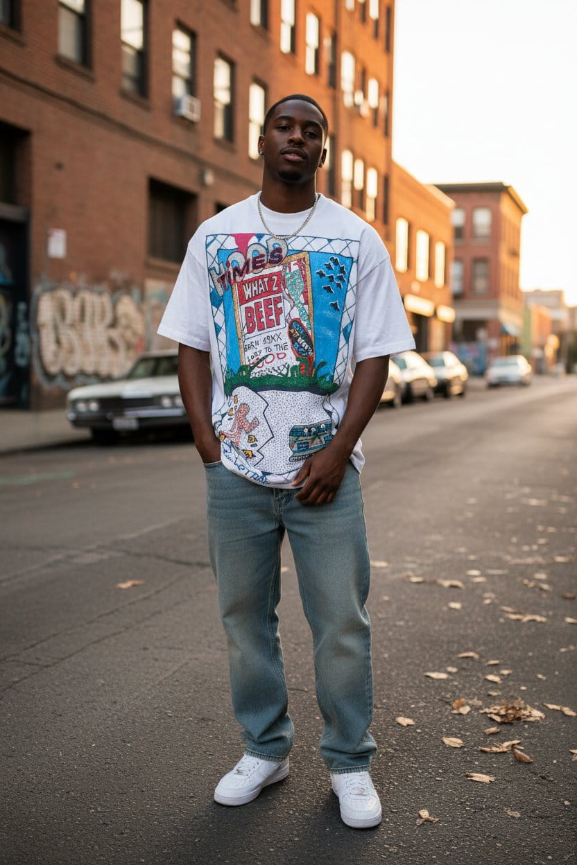 Male model wearing What'z Beef SouLethal Hand-Painted Tee by Bloodline Streetwear on a city street