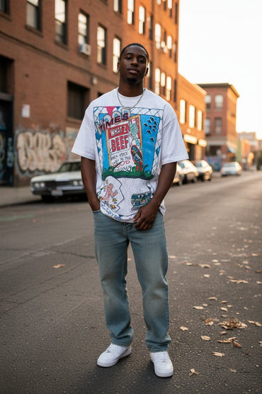 Male model wearing What'z Beef SouLethal Hand-Painted Tee by Bloodline Streetwear on a city street
