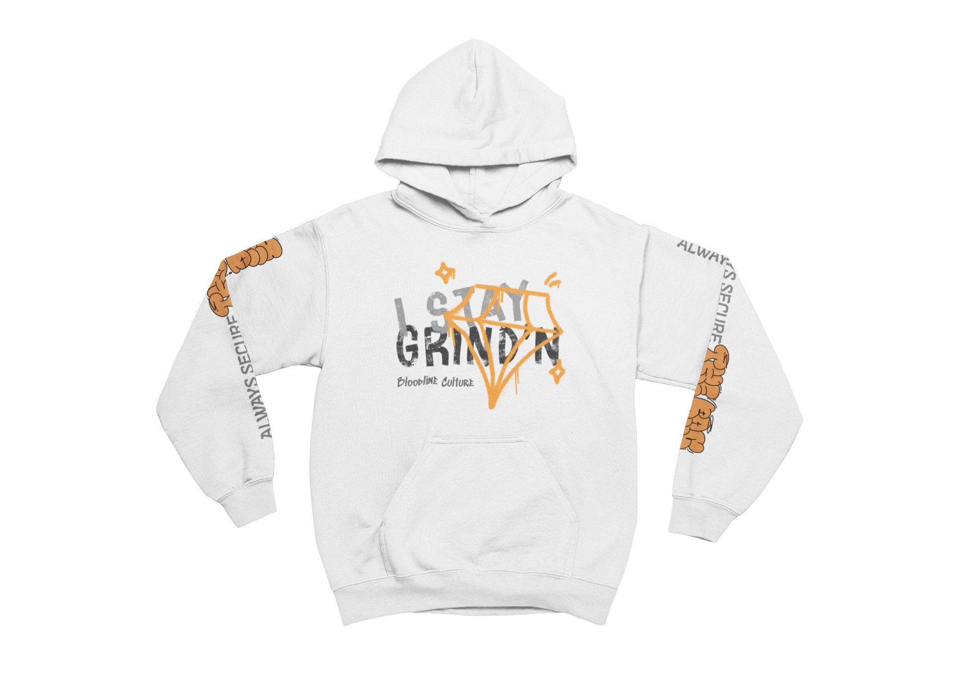 White hoodie with graphic design on a white background